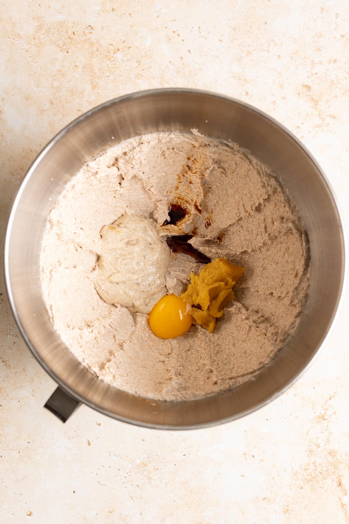 Add sourdough discard, egg yolk, vanilla and miso.