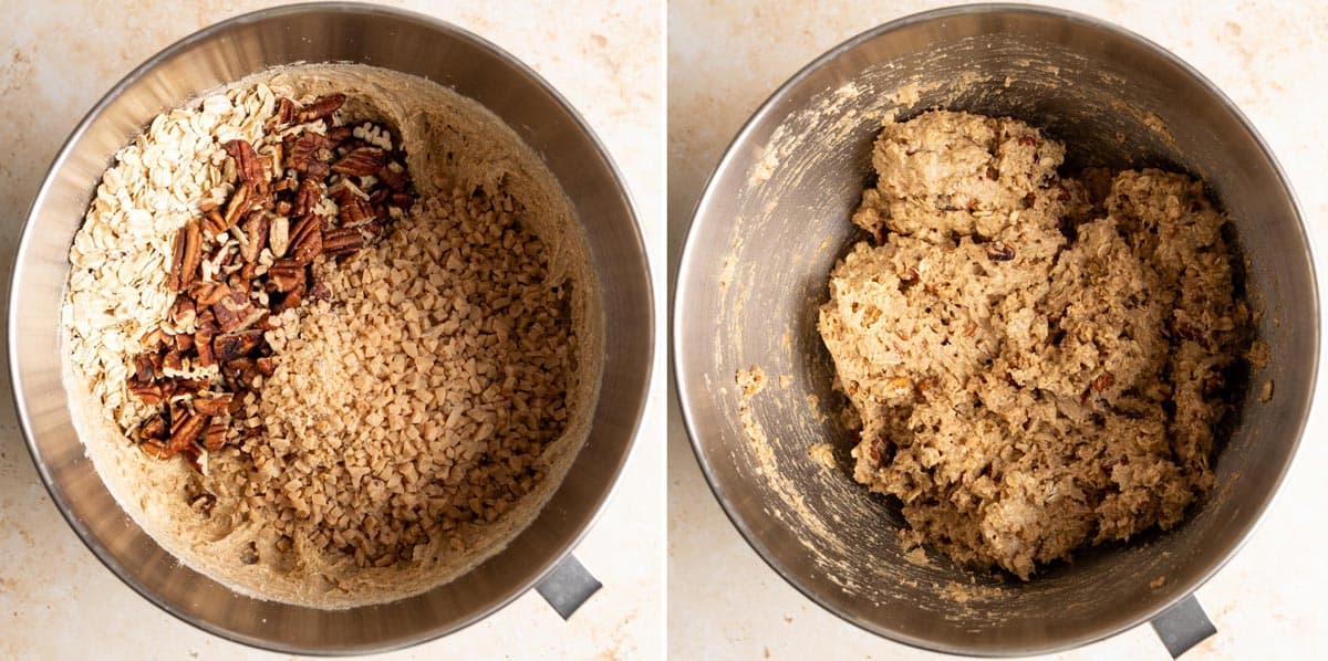 Stir oats, pecans and toffee bits into the cookie dough.