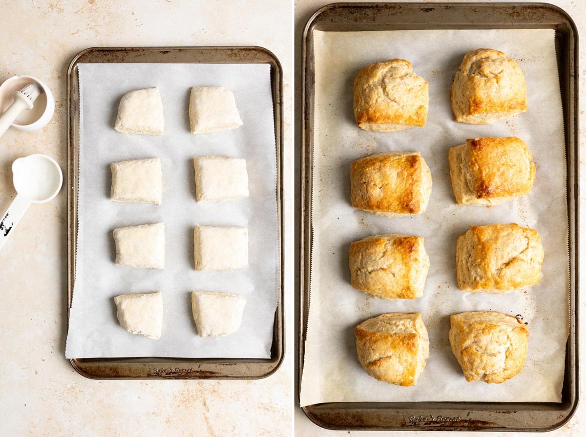 Add buttermilk wash, sugar topping and bake biscuits.