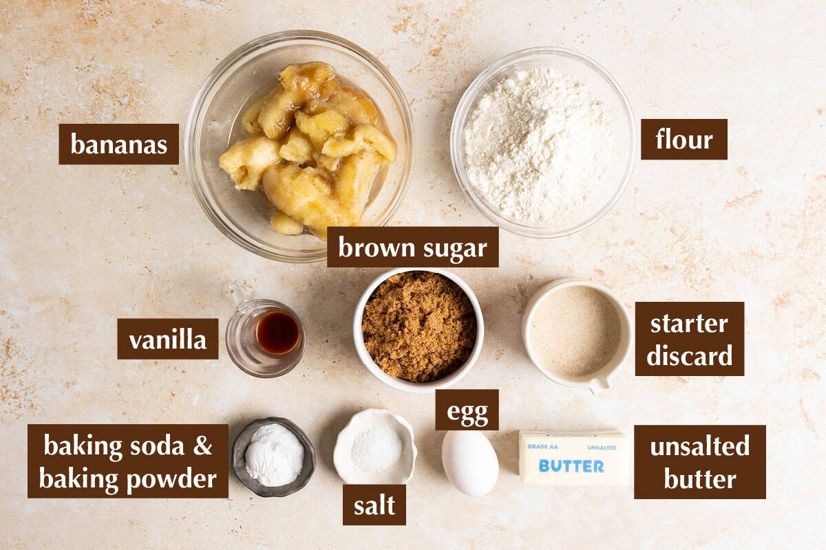 Ingredients for banana bread with sourdough discard.