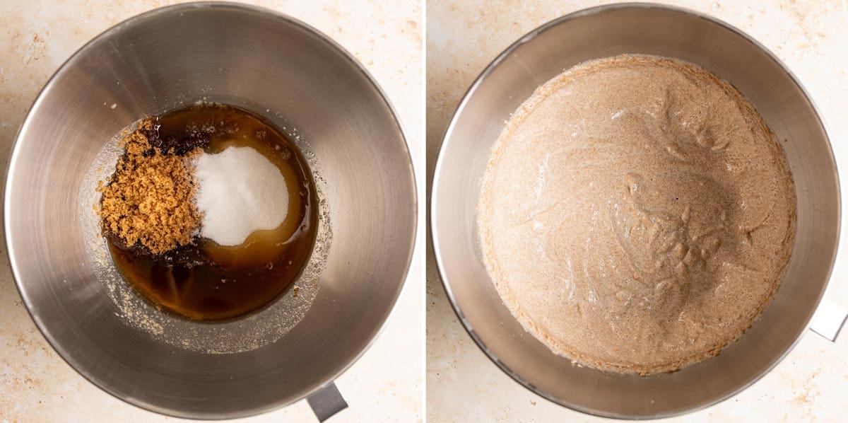 Cream brown butter with brown and granulated sugar.