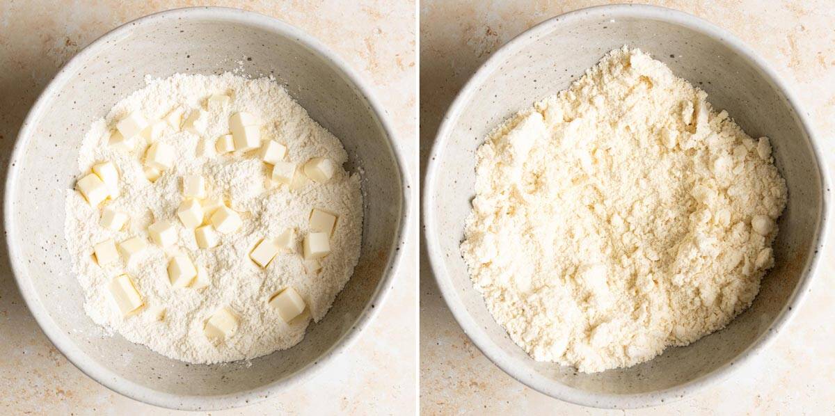 Cutting cubed butter in to flour mixture.