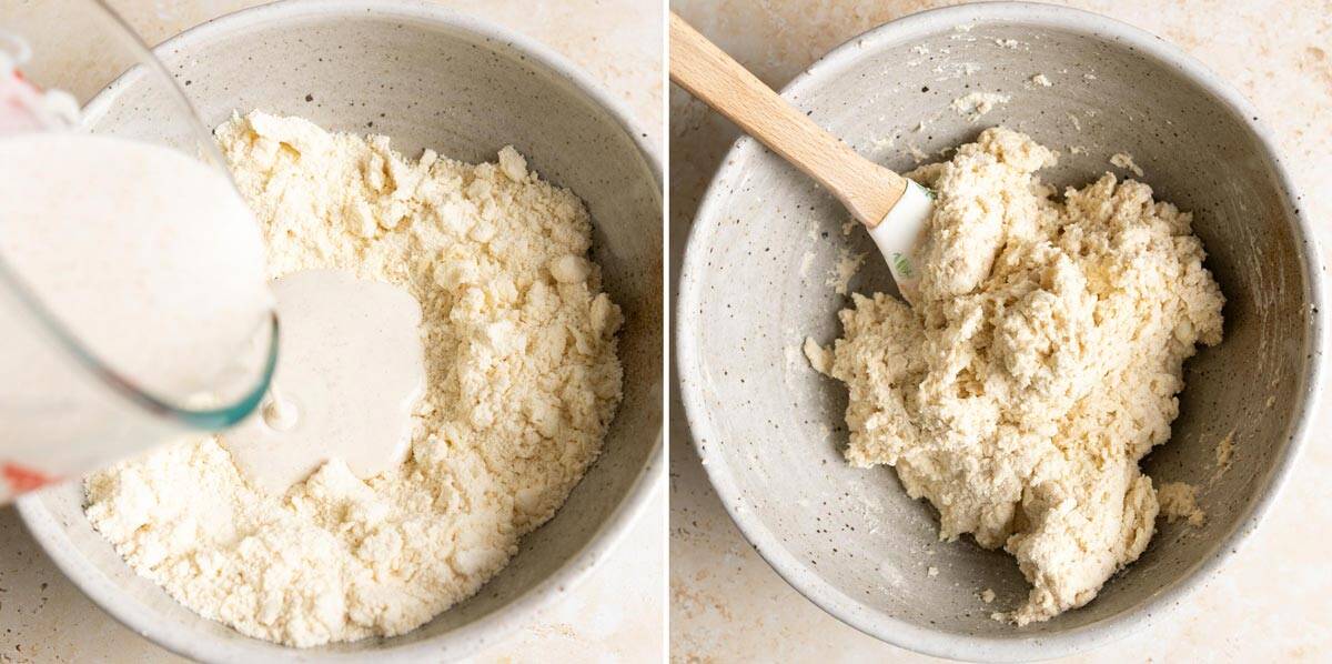Pour liquid ingredients in the middle and fold with a spatula to form a dough.