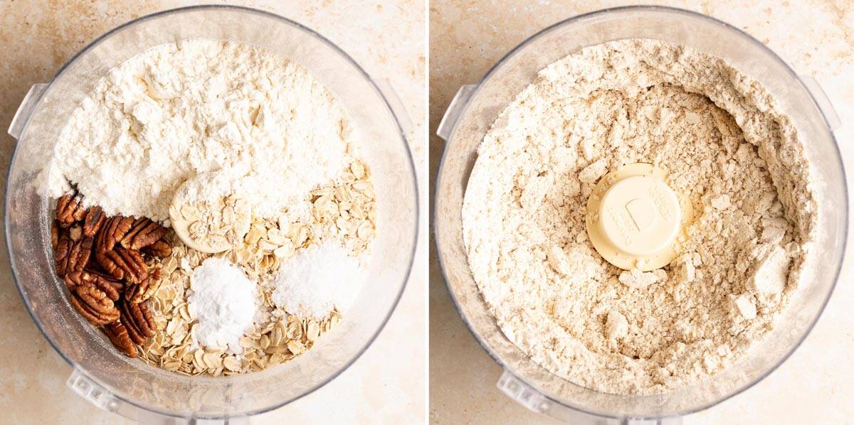 Grind oats and pecans with flour, baking soda and salt.