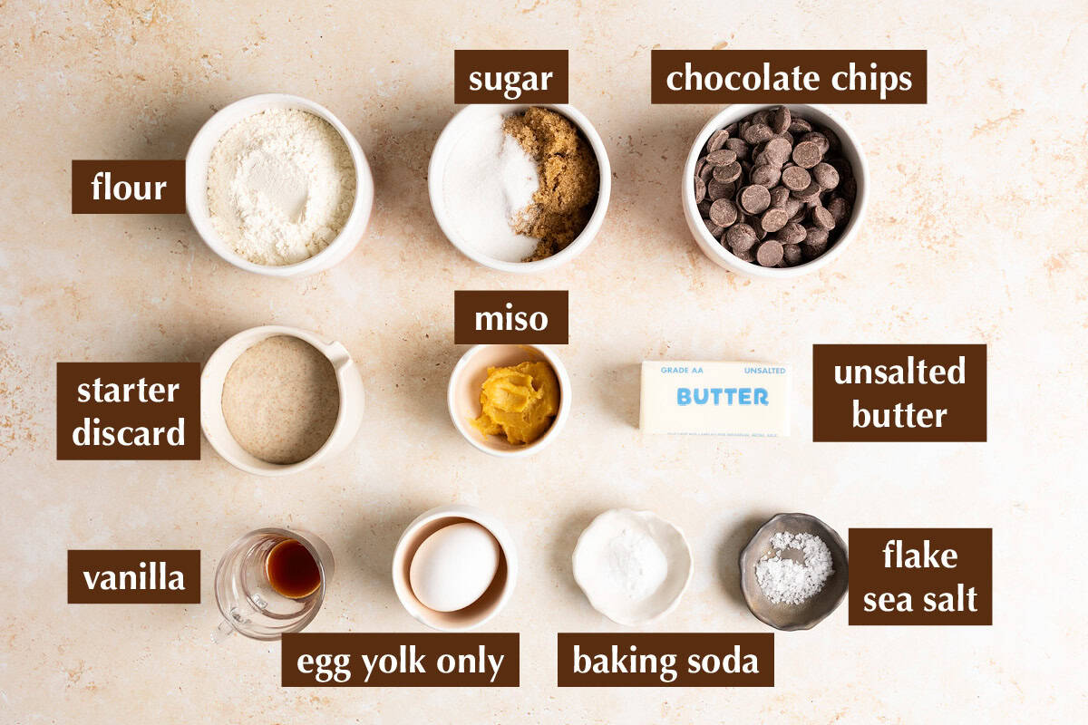 Ingredients for miso sourdough chocolate chip cookies.