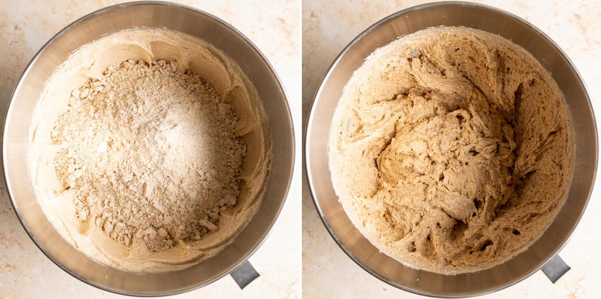 Form the pecan oatmeal cookie dough by incorporating dry ingredients.