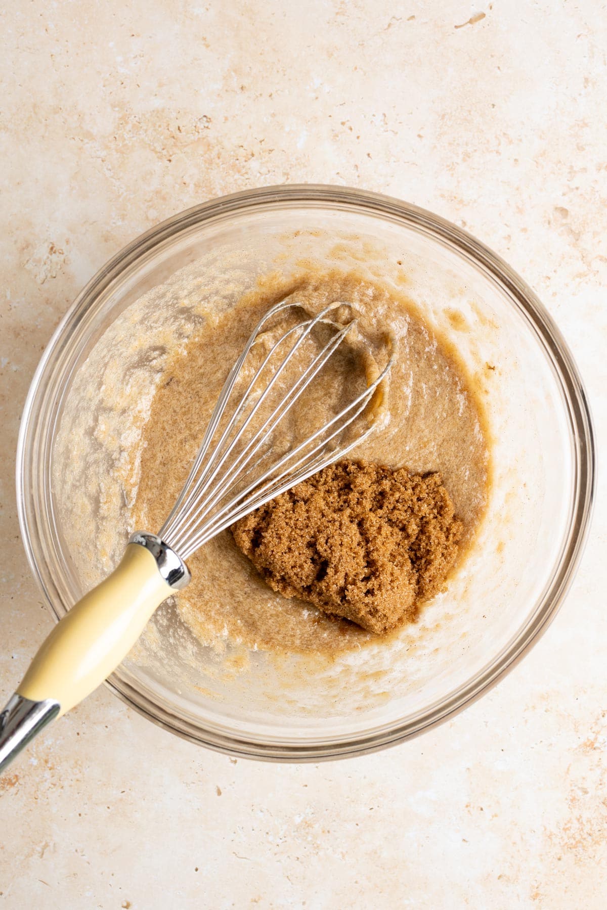 Add brown sugar to wet ingredients.