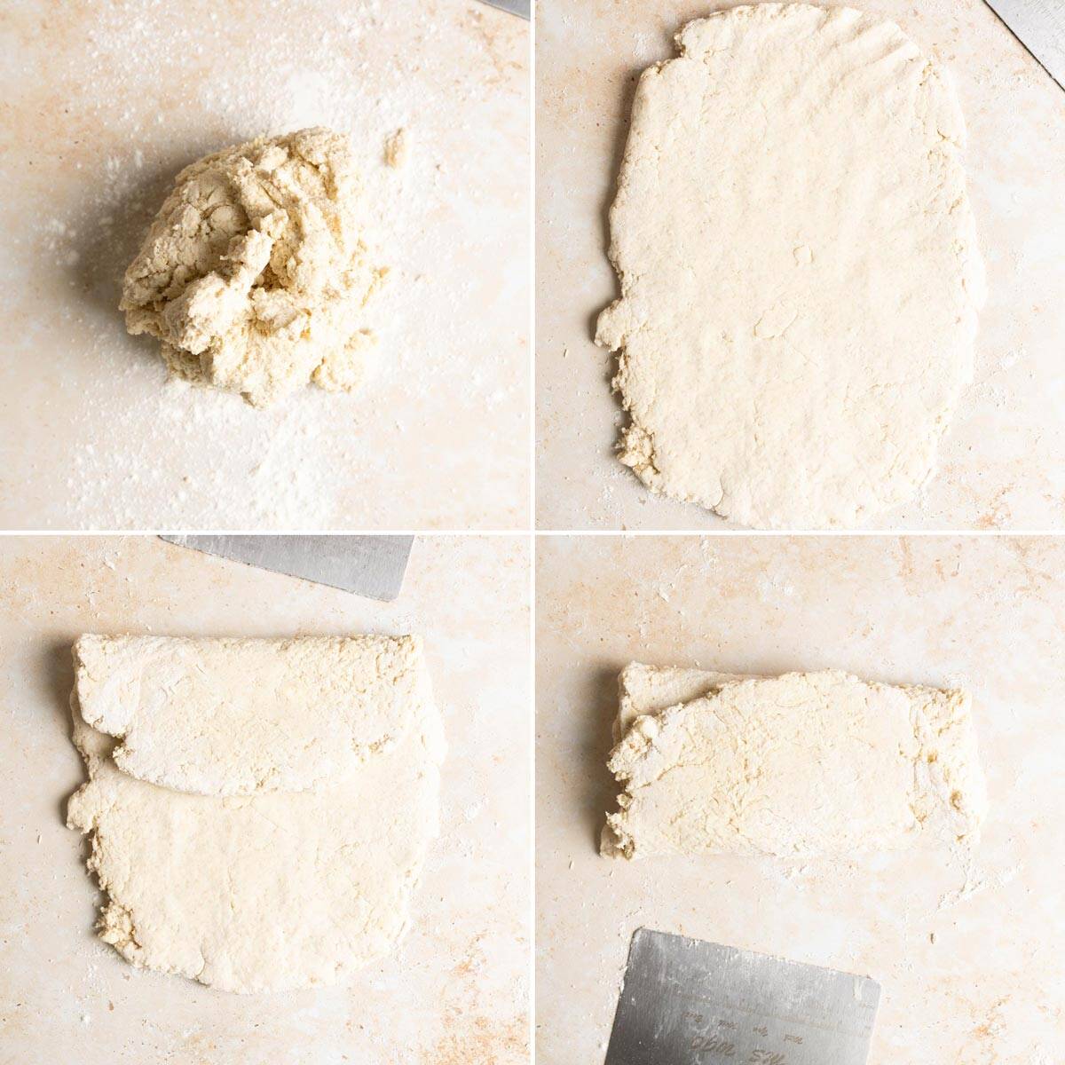Roll out biscuit dough and fold in thirds.