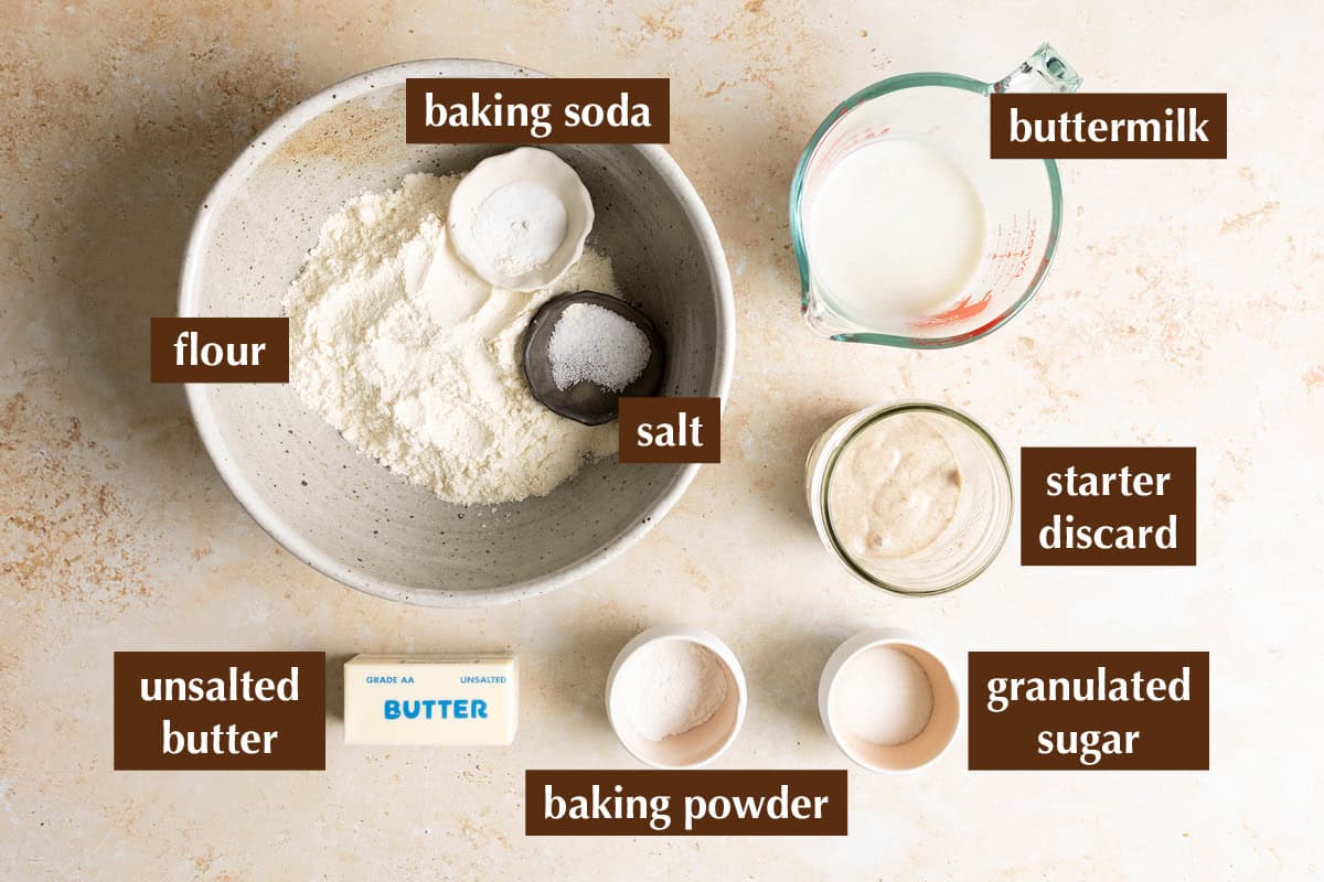 Ingredients for sourdough discard biscuits.