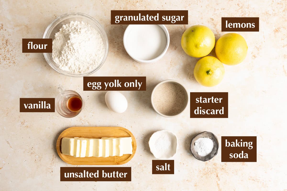 Ingredients for sourdough lemon cookies.