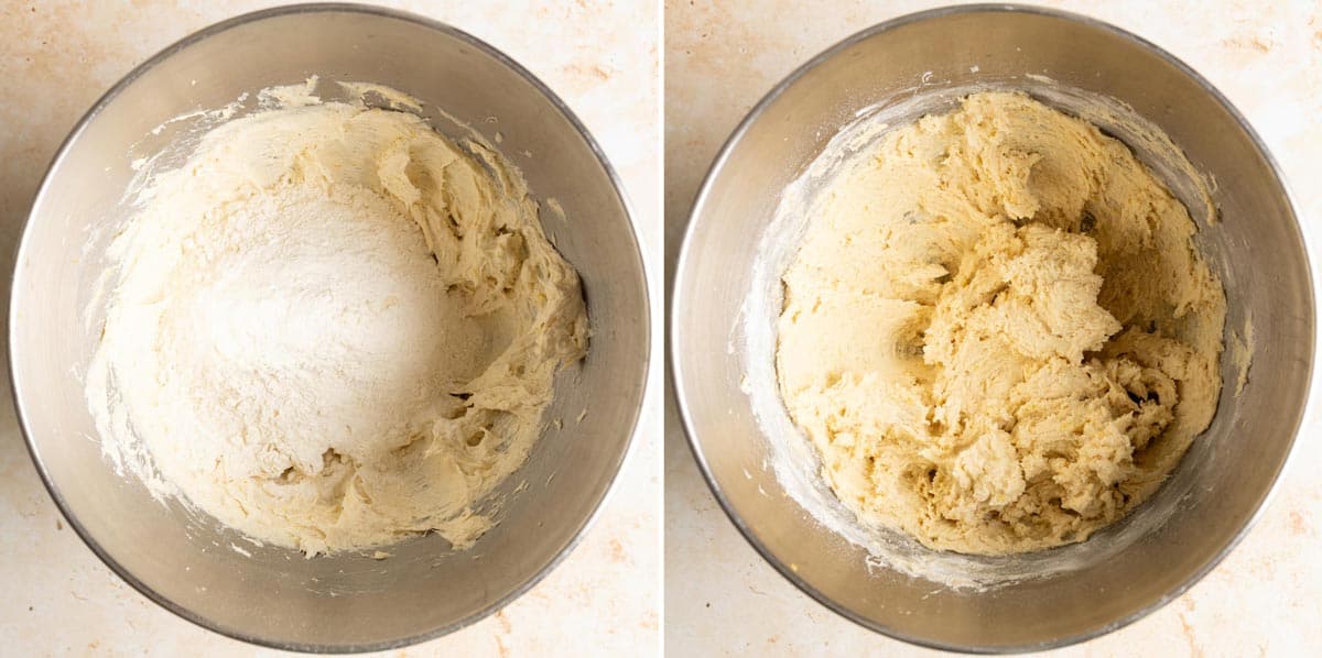 Add dry ingredients to form sourdough lemon cookie dough.