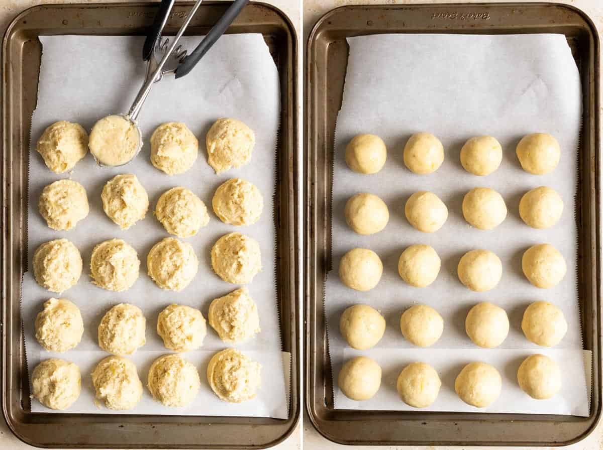 Divide dough with a cookie scoop and roll into balls.