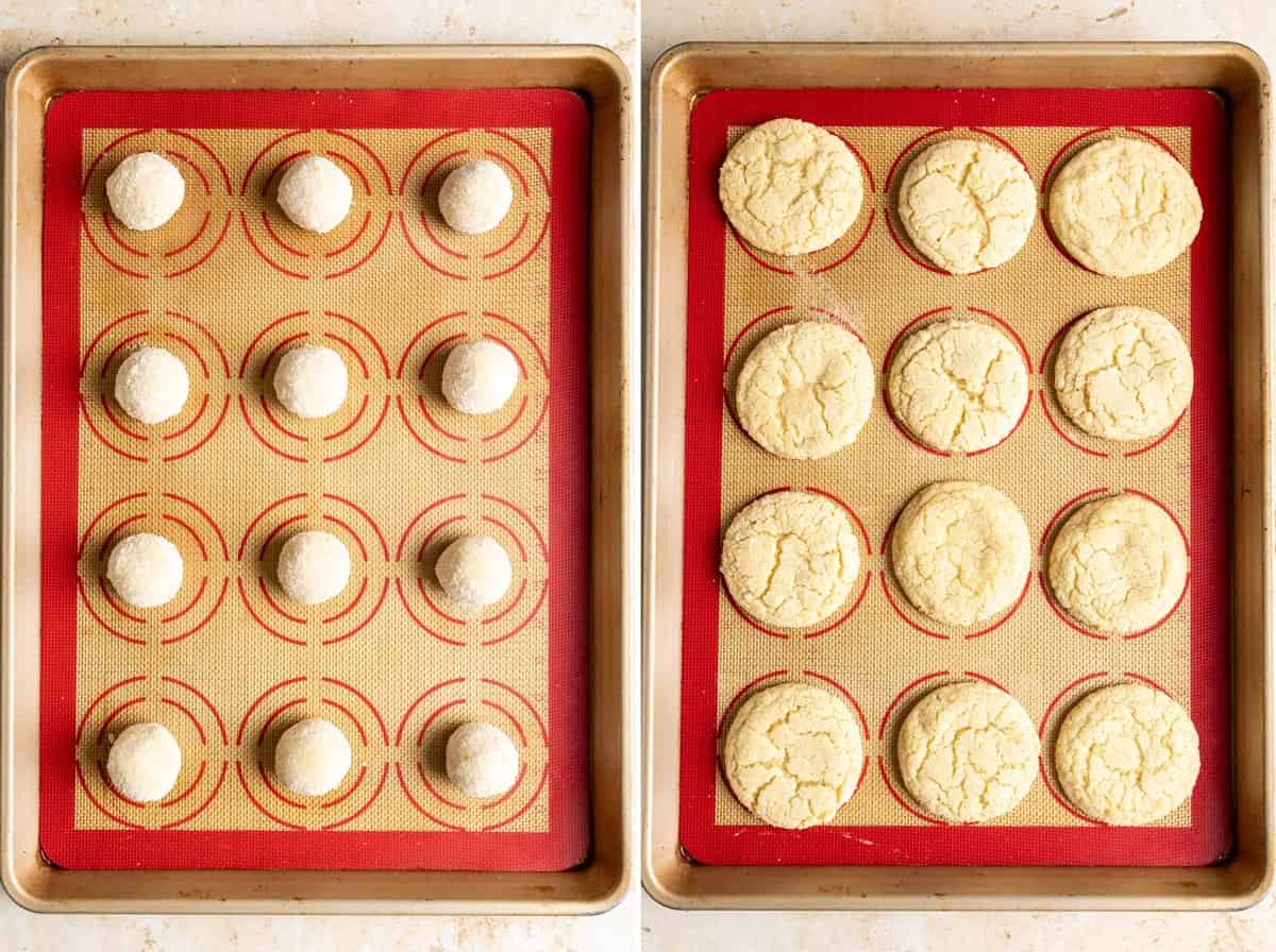 Unbaked and baked sourdough lemon cookies on a baking sheet.