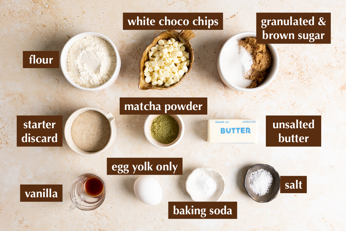 Ingredients for white chocolate matcha sourdough cookies.