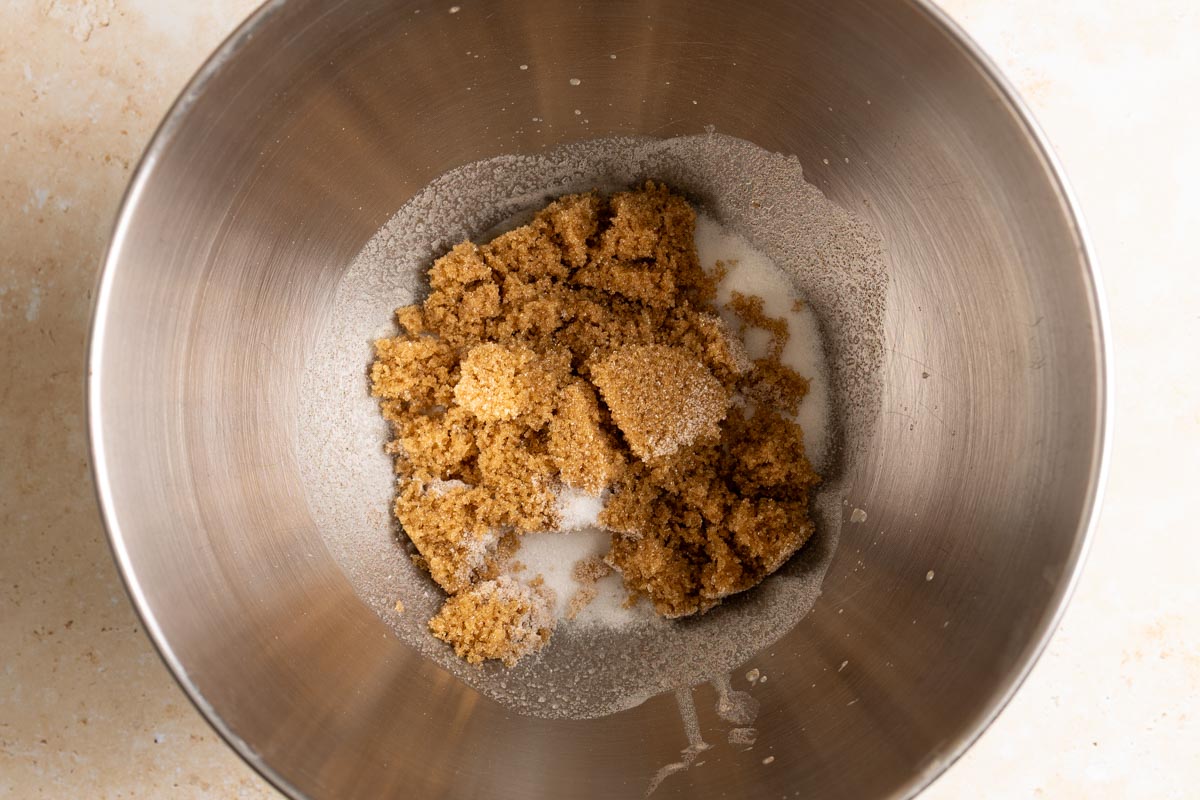 Add brown and granulated sugar to cooled brown butter.