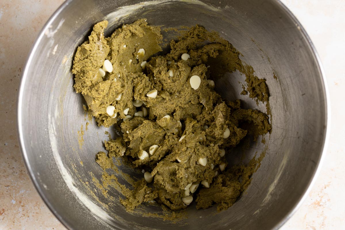 White chocolate is incorporated into the matcha cookie dough.