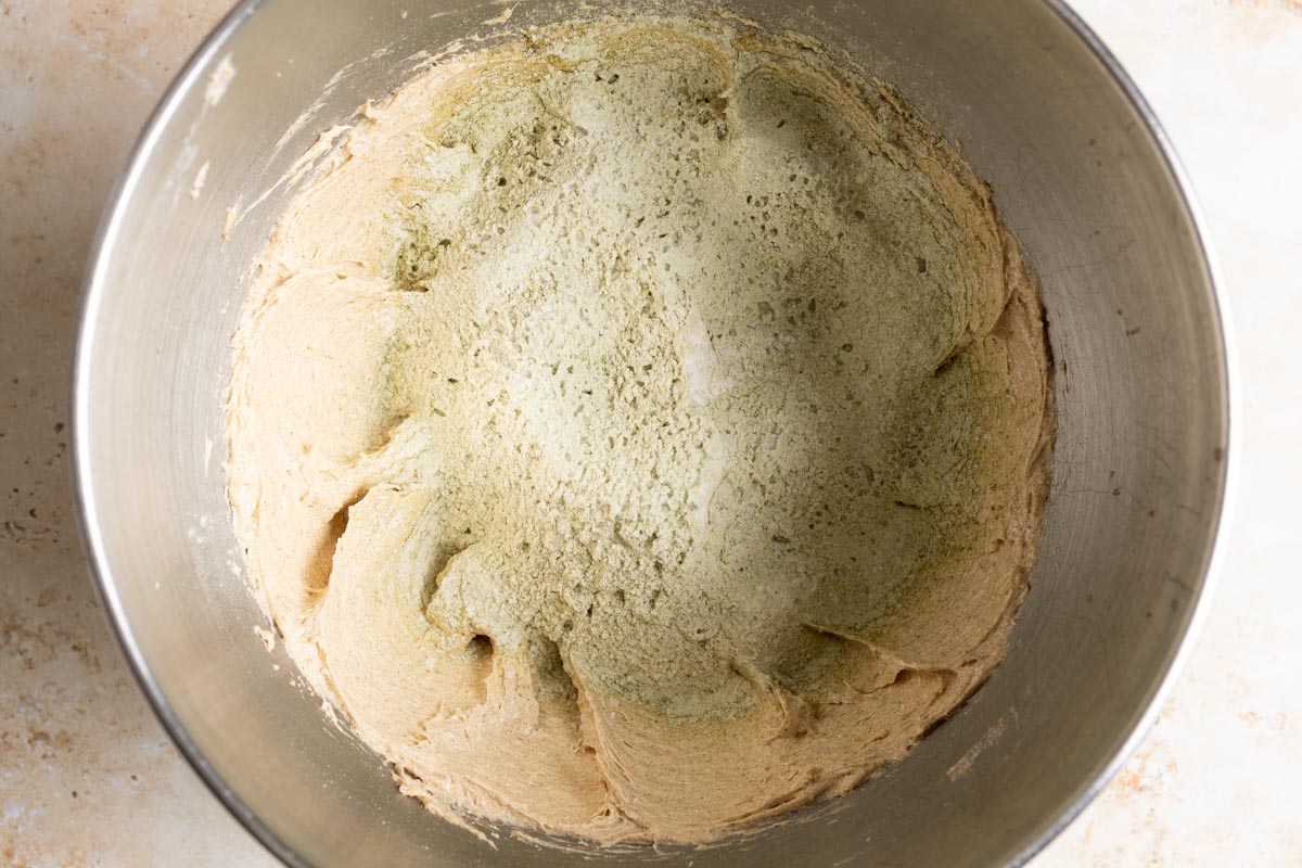 Dry ingredients added on top of creamed wet ingredients.