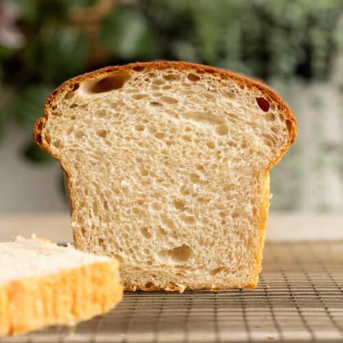 The interior of a sourdough milk bread loaf.