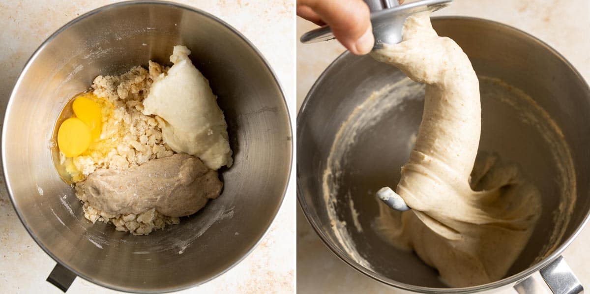 Egg, tangzhong and sourdough starter are added to the autolysed dough. Knead the dough in the stand mixer.
