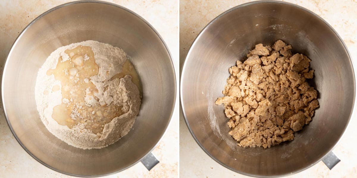 A mixture or milk and flour in a metal bowl. This is mixed together to autolyse.