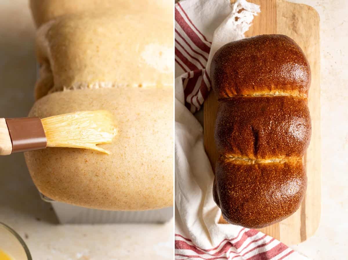 Add egg wash to whole wheat milk bread dough and bake until golden.