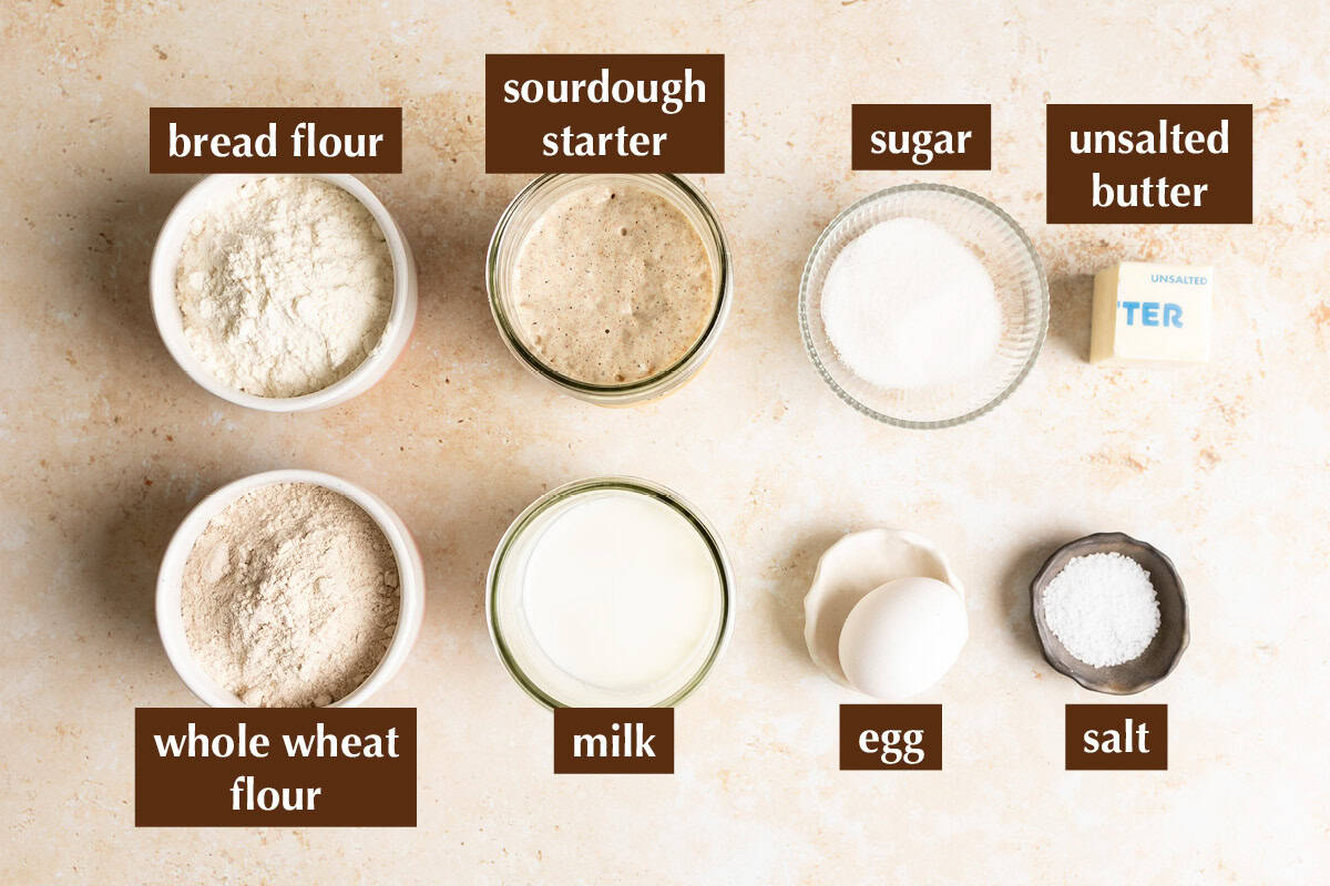 Ingredients for whole wheat sourdough milk bread.