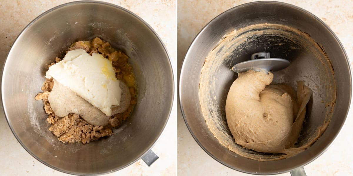 Tangzhong, egg and sourdough starter are added on top of the autolysed dough. The dough is mixed with a dough hook.