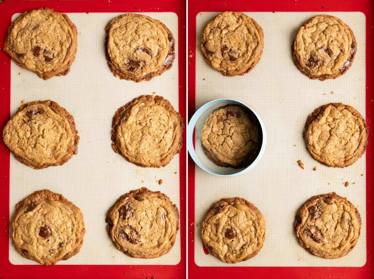 Baked toffee sourdough chocolate chip cookies on a baking tray.