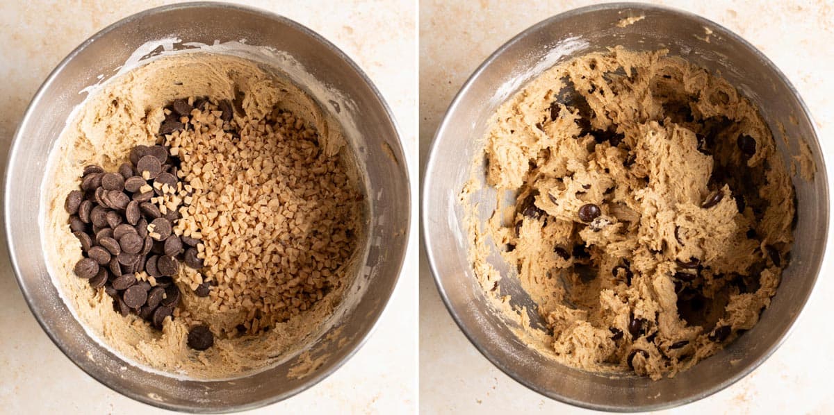 Mix in chocolate chips and toffee bits to form toffee sourdough chocolate chip cookie dough.