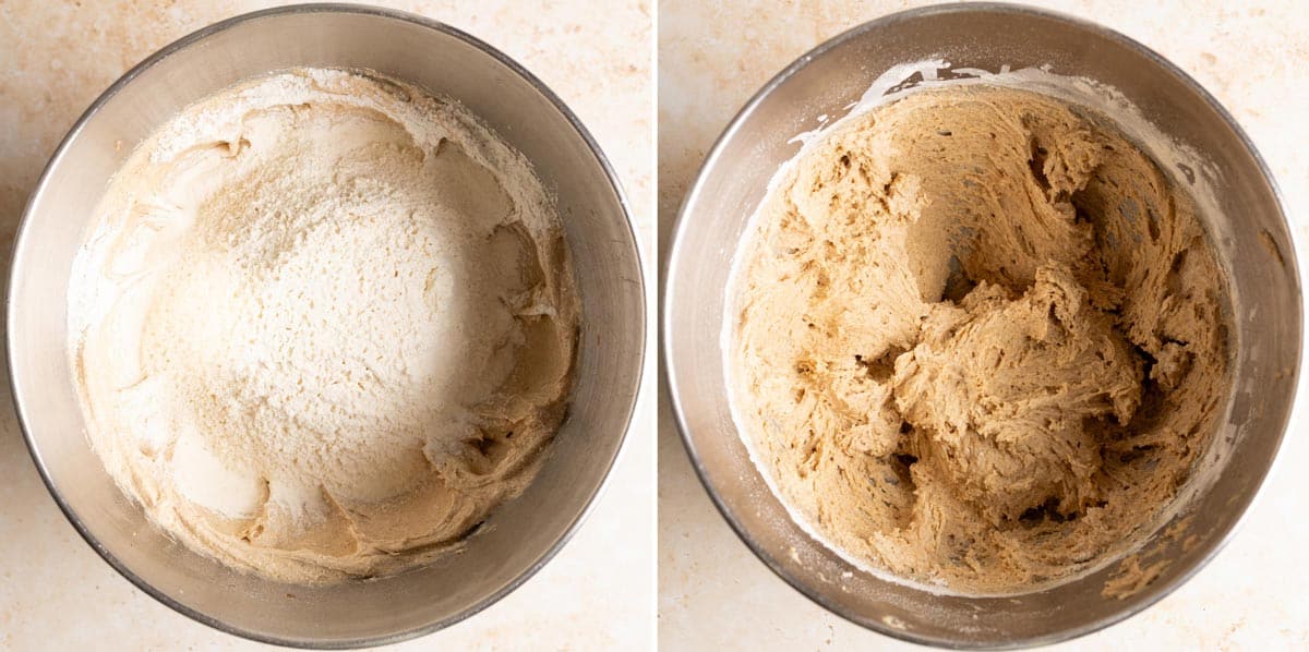 Mix dry ingredients to form sourdough cookie dough.