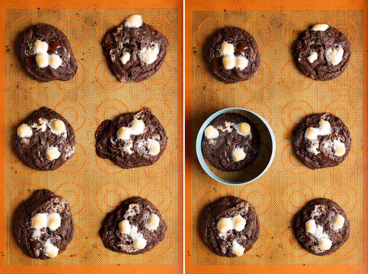 Baked sourdough chocolate cookies with marshmallows on a cookie sheet.