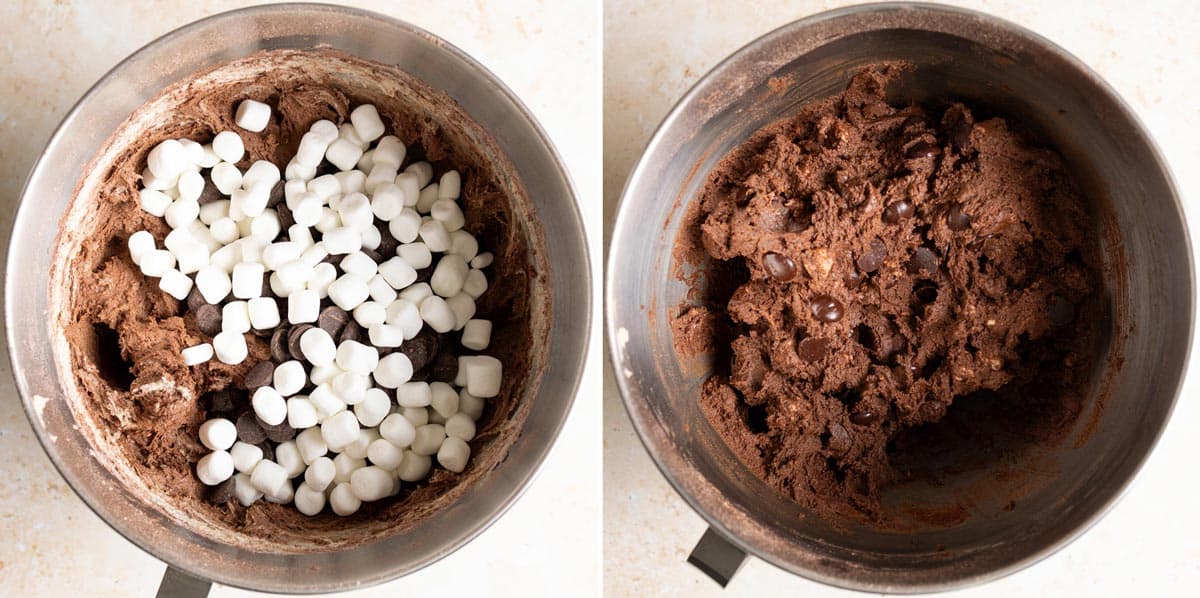 Stir chocolate chips and marshmallows into the dough.