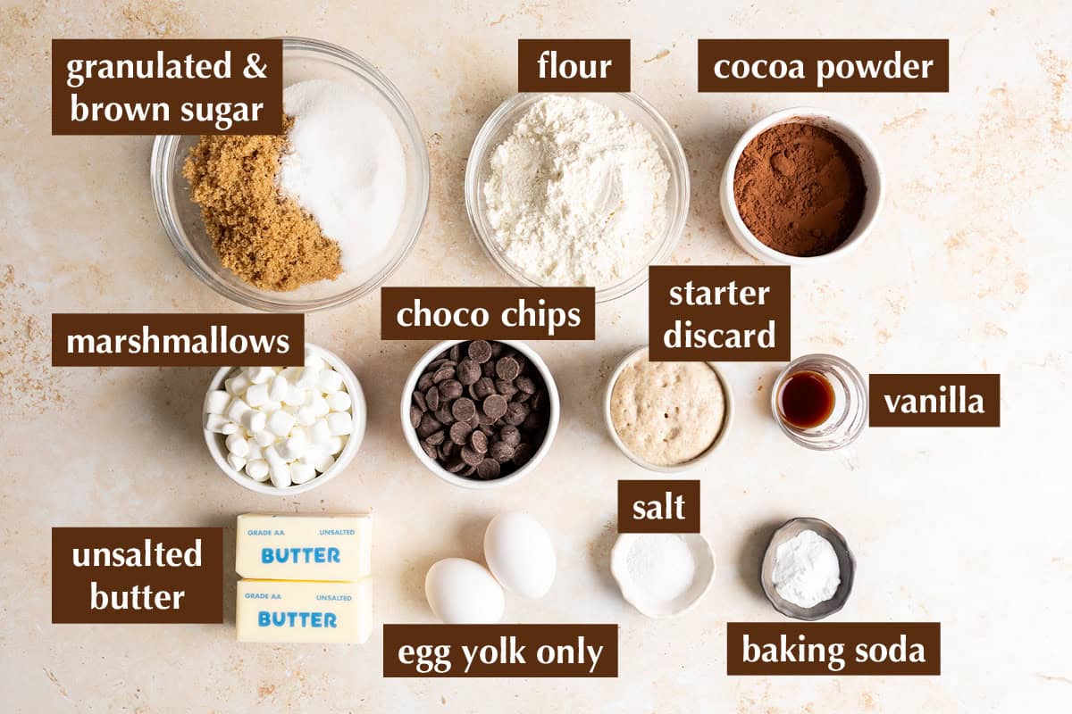 Ingredients for sourdough chocolate marshmallow cookies.