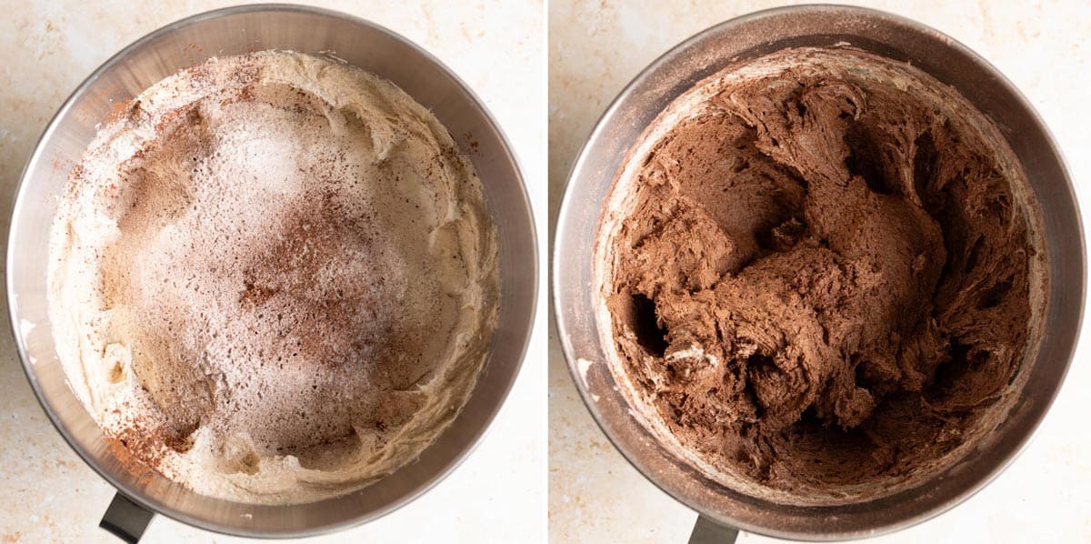 Add dry ingredients and form sourdough chocolate cookie dough.
