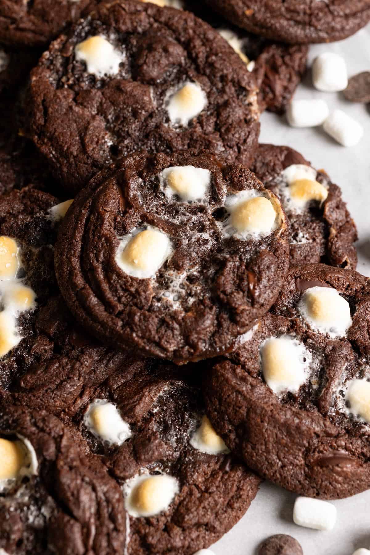 A pile of sourdough chocolate cookies with marshmallows.