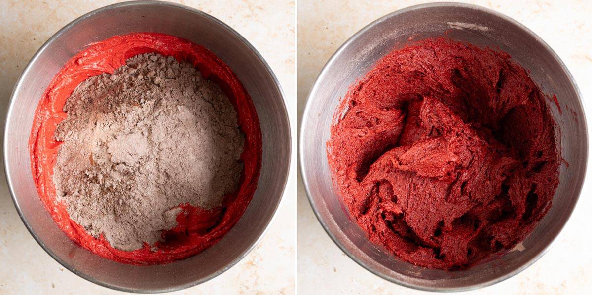 Add dry ingredients and form sourdough red velvet cookie dough.