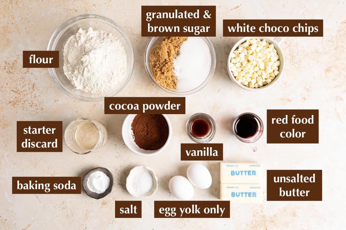 Ingredients for sourdough red velvet cookies with white chocolate.