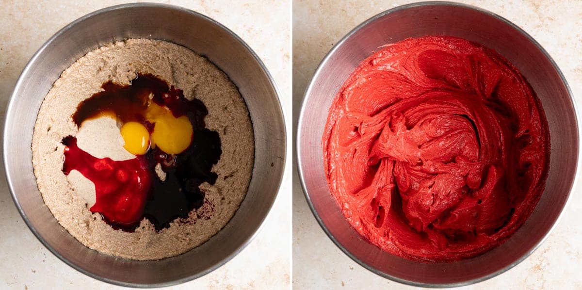Cream sourdough discard, eggs, vanilla and red food color with the wet ingredients.