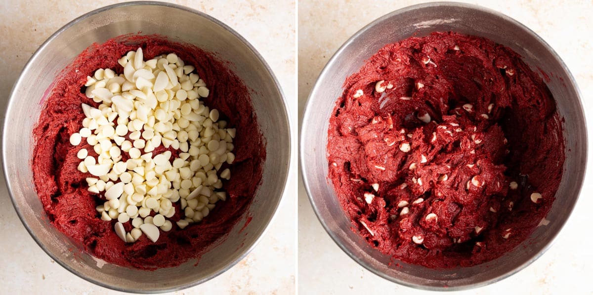 Stir white chocolate chips into the red velvet cookie dough.