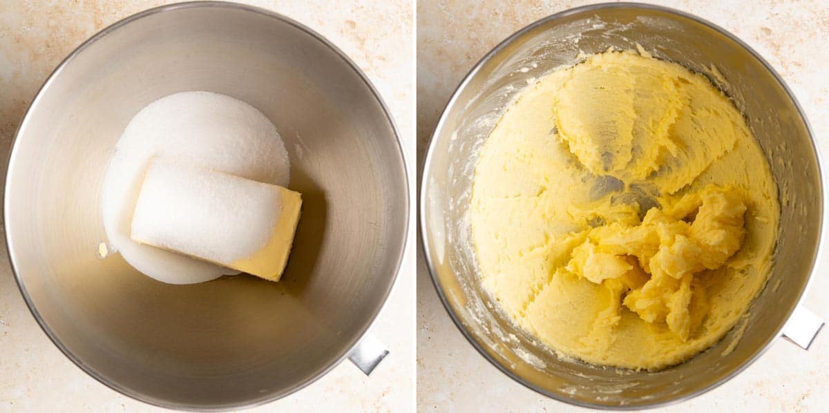 Cream butter with sugar in a metal mixing bowl.