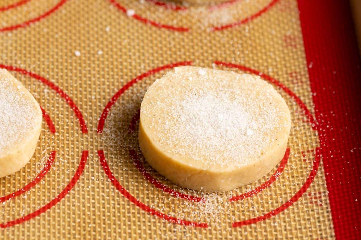 Salt and sugar topping on a sourdough shortbread cookie slice.