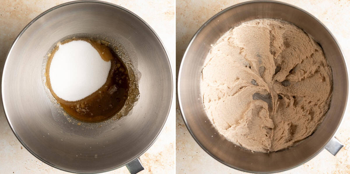 Granulated sugar and brown butter in a mixing bowl, creamed together.