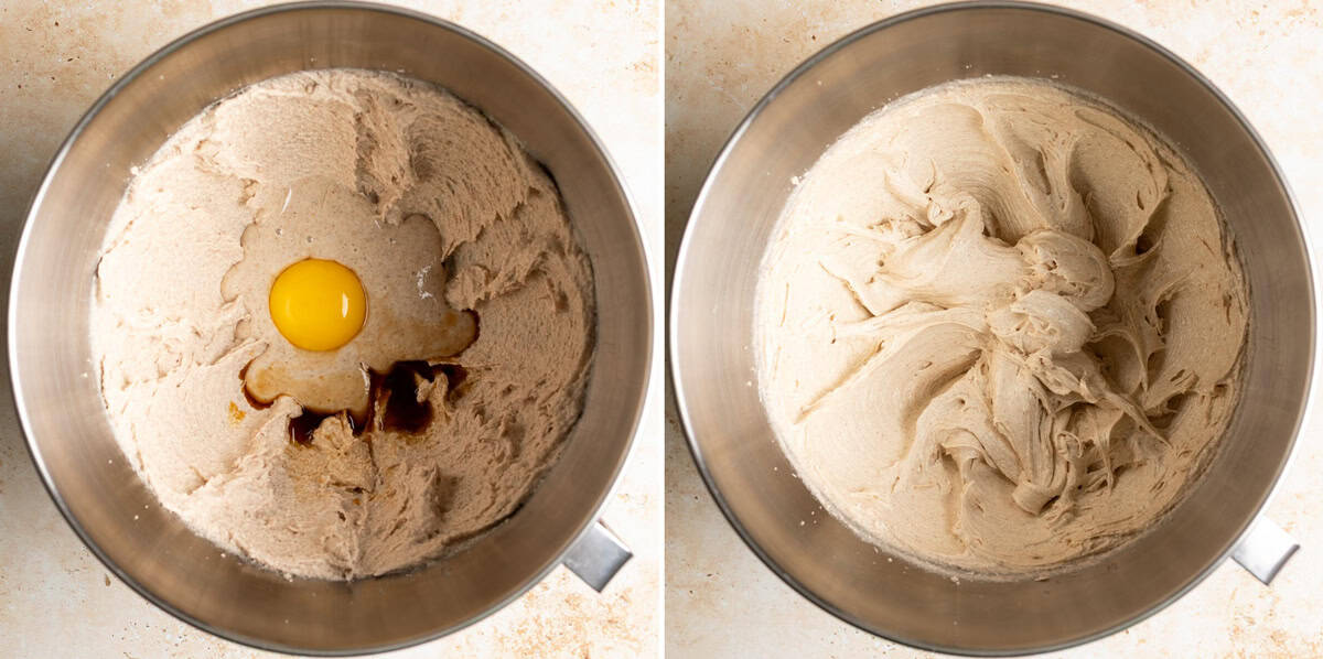 Egg yolk, sourdough discard and vanilla are added to creamed butter and sugar. Beaten until creamy and fluffy.