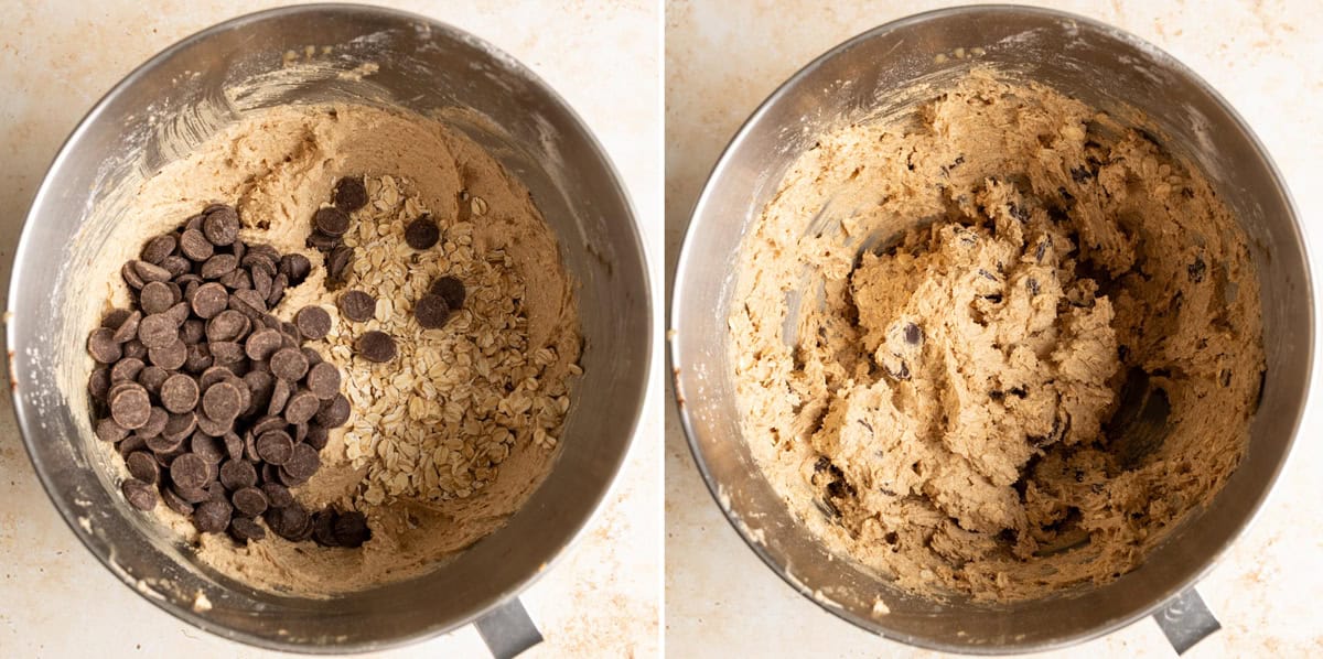 Stir in oats and chocolate chips to form chocolate chip oatmeal cookie dough.