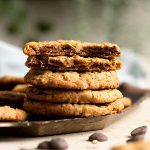 A stack of chocolate chip sourdough oatmeal cookies.