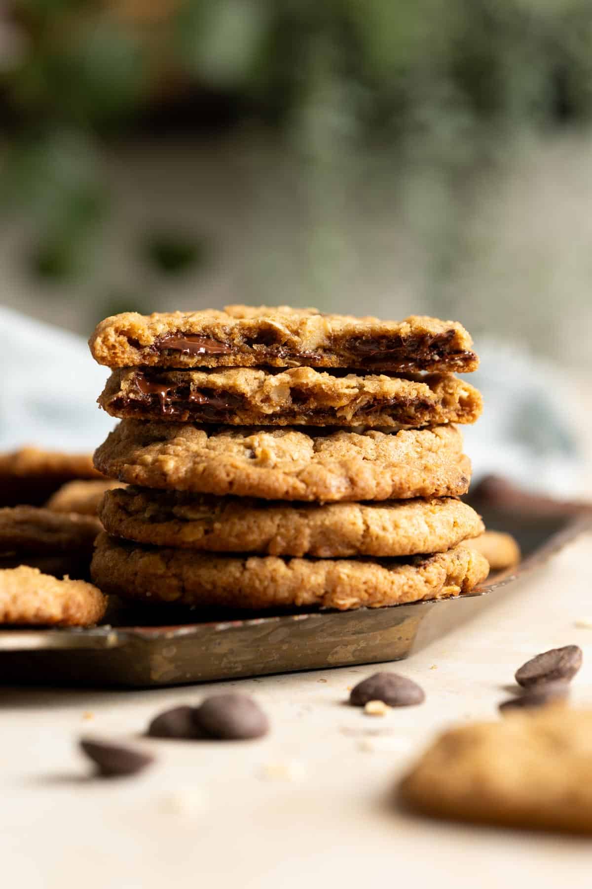 A stack of chocolate chip sourdough oatmeal cookies.