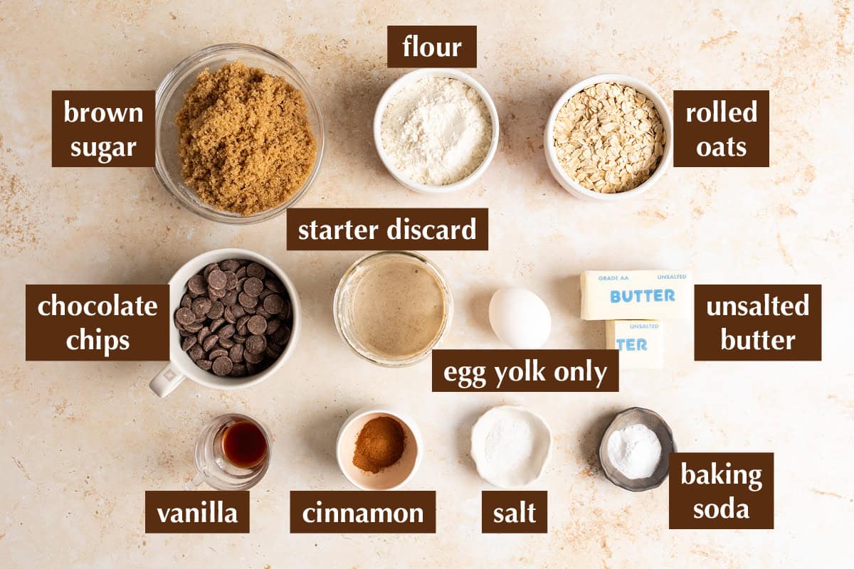 Ingredients for sourdough oatmeal chocolate chip cookies.