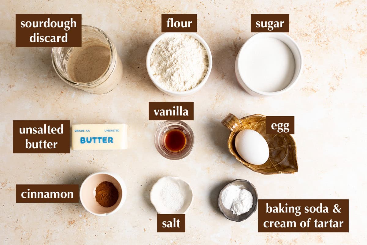 Ingredients for sourdough snickerdoodle cookies with sourdough discard.