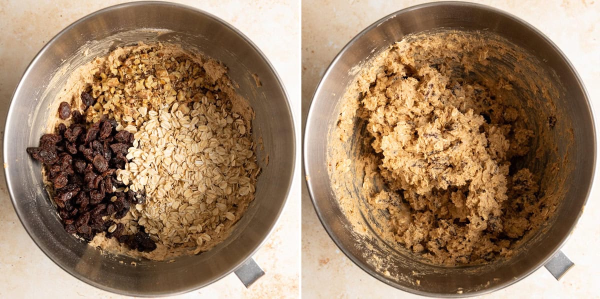 Stir in oats, raisins and walnuts to form sourdough oatmeal raisin cookie dough.
