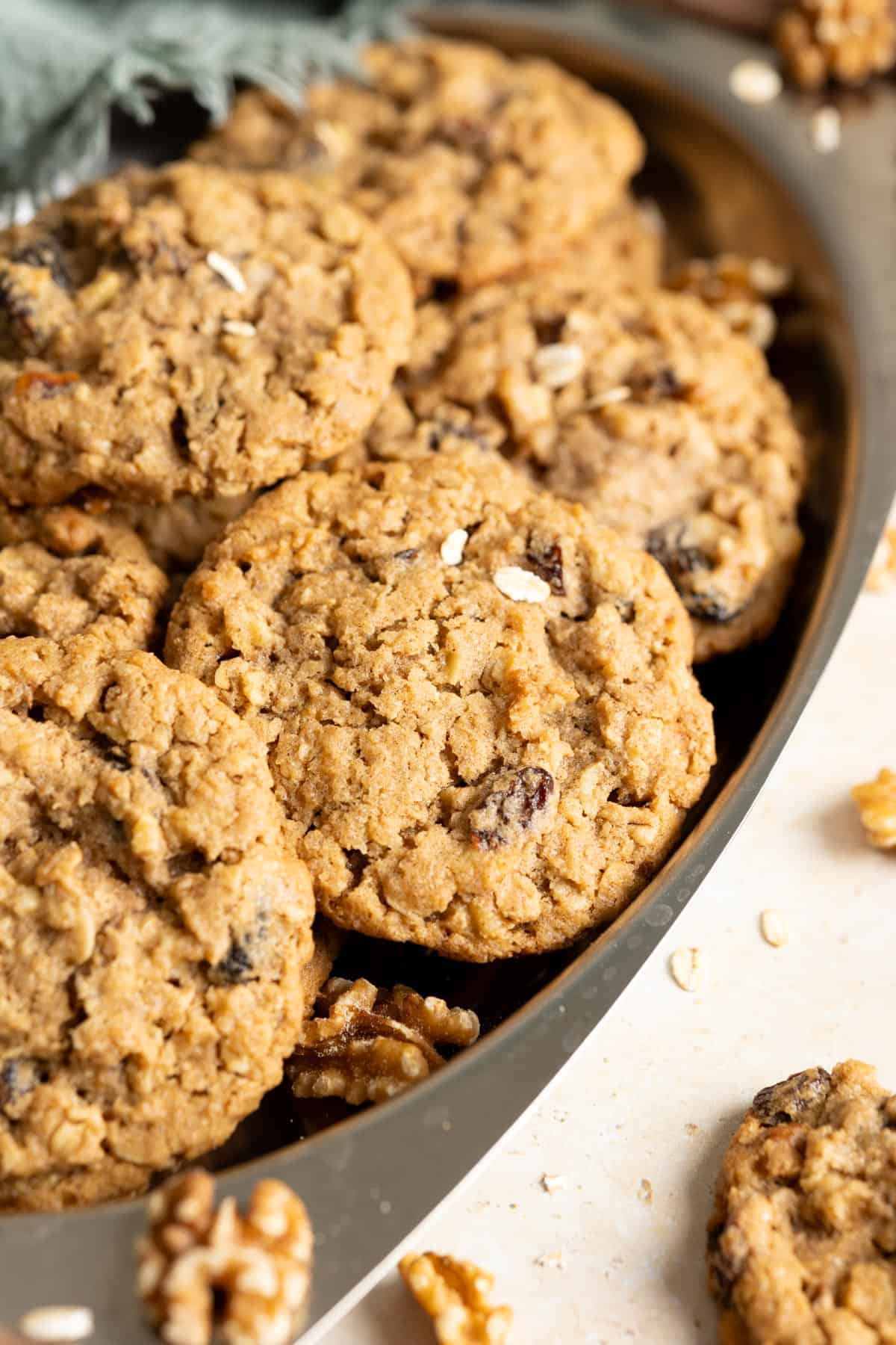 Sourdough discard oatmeal cookies in a tray.